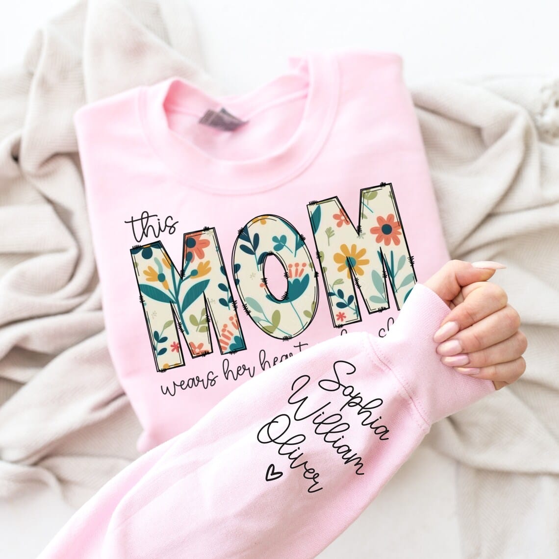 Custom Sweatshirt for Mom, Christmas Gift for Mom, I Wear My Heart On My Sleeve, Mom Sweatshirt with kids Name on Sleeve, Gift for Her