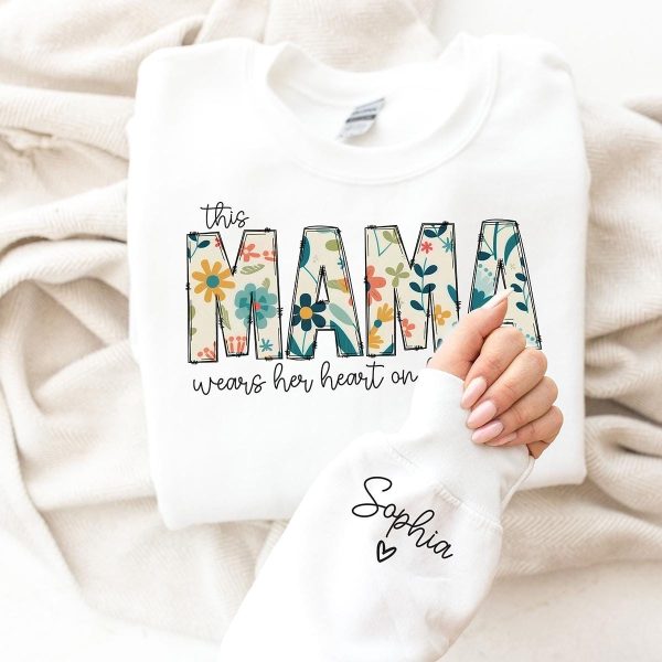 Custom Sweatshirt for Mama, Christmas Gift for Mama, I Wear My Heart On My Sleeve, Mama Sweatshirt with Kids Name on Sleeve - Image 2