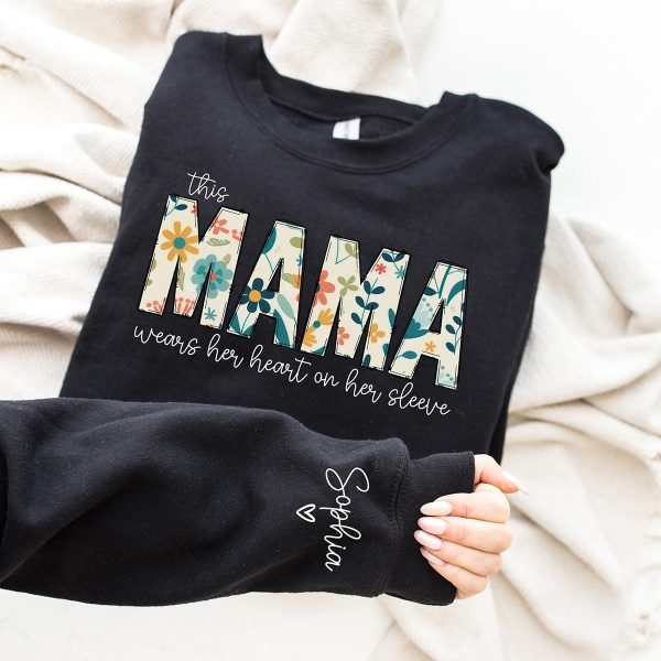 Custom Sweatshirt for Mama, Christmas Gift for Mama, I Wear My Heart On My Sleeve, Mama Sweatshirt with Kids Name on Sleeve - Image 4