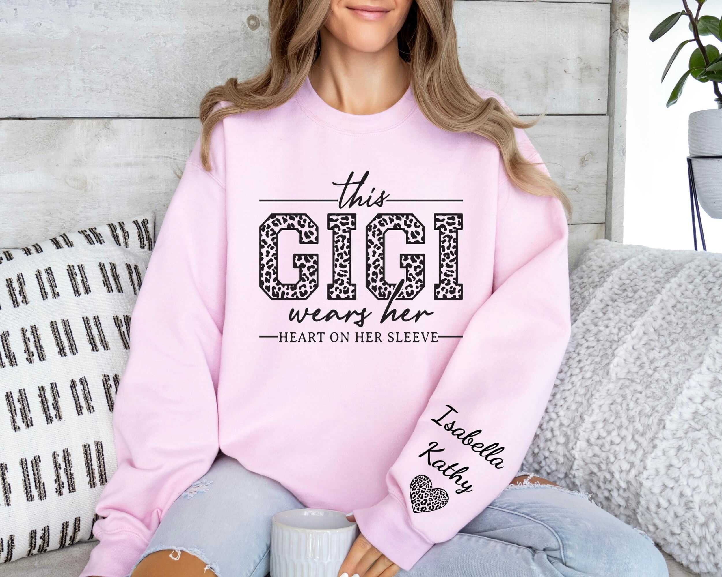 Custom Gigi Sweatshirt, Custom Grandma Gift, This Gigi Wears Her Heart On Her Sleeve Sweater, With Kids' Names On Sleeve, Gigi Gift on Mother's Day
