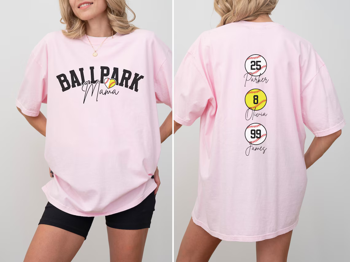 Personalize Baseball Softball Mom Shirt, Ballpark Mama Shirt Names on Back Custom Baseball Mom T-shirt