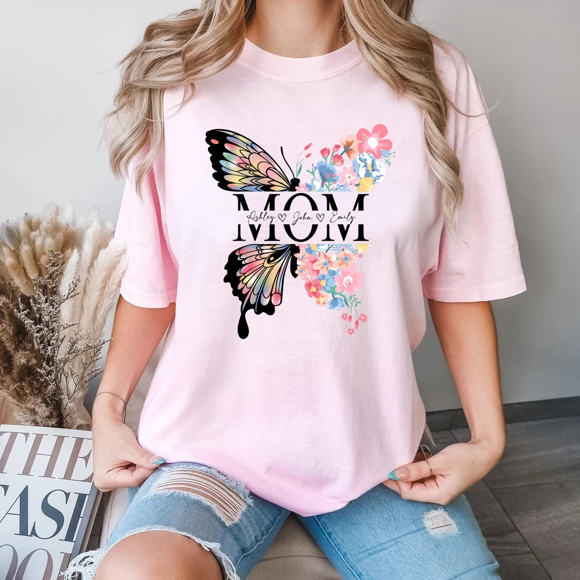 Custom Mom Shirt, Flower Lover Mama Shirt, Personalized Nature Lover Mom Tee, Mothers Day Gift, Butterfly T-Shirt Gift