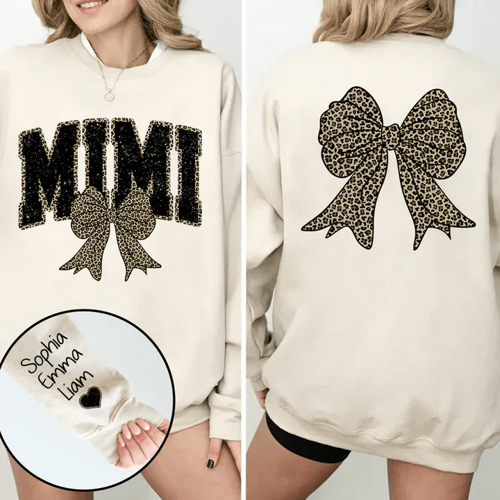 Black Mimi Leopard Bow - Personalized Sweatshirt With Design On Sleeve - Gift For Grandma, Mom, Wife