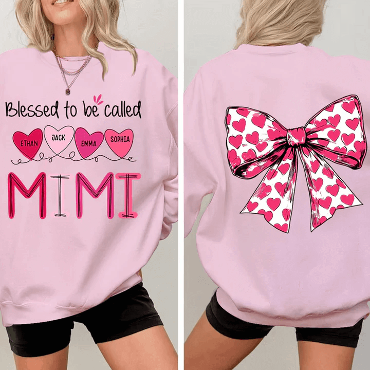 Blessed To Be Called Mimi Heart Bow - Personalized Sweatshirt With Design - Meaningful Gifts For Grandma, Mom, Wife