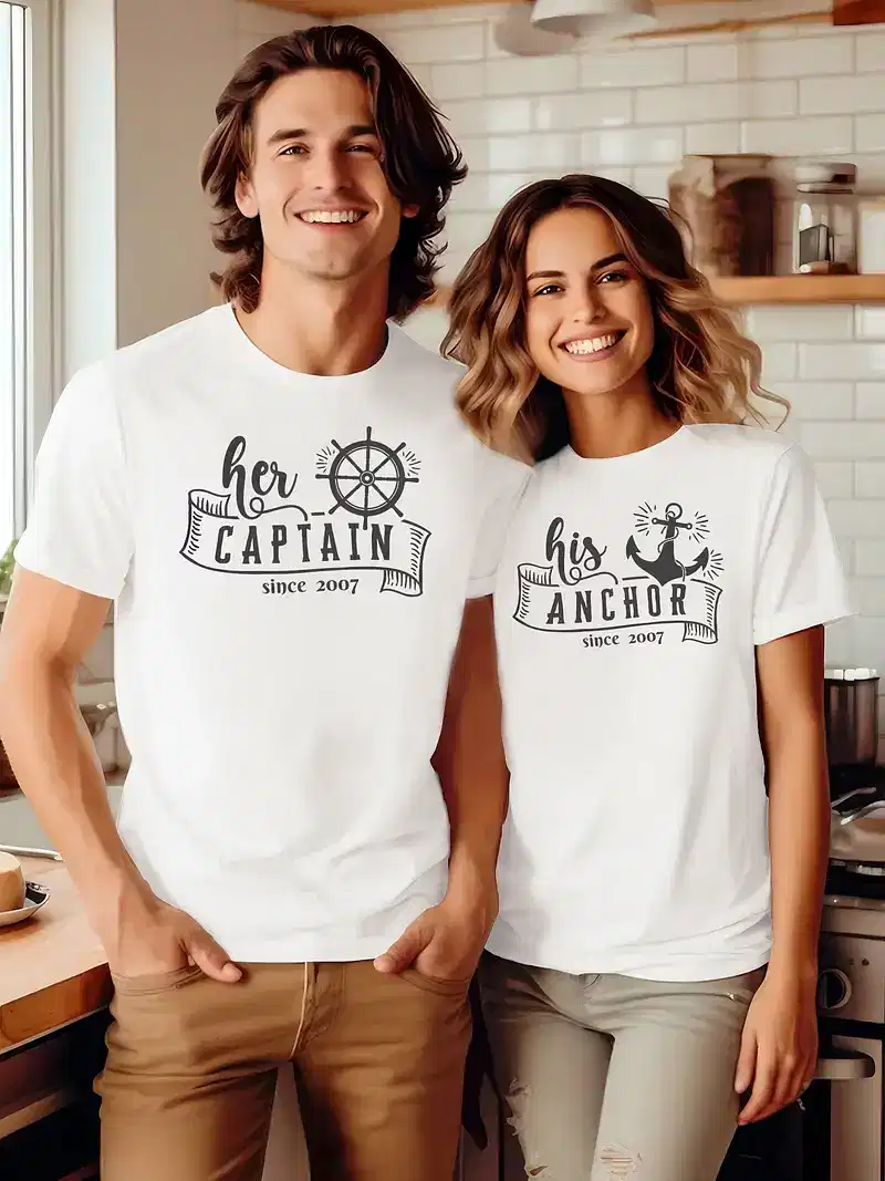 Couple Matching T-Shirt, His Caption, Her Anchor, Custom Est Mother's Day, Father's Day T-Shirt, The Best Family Matching Gift
