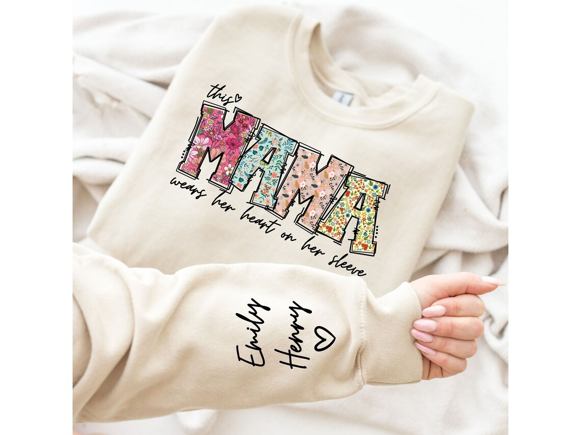 Custom Mama Shirt, Heart on Sleeve, Personalized Gift for Mom
