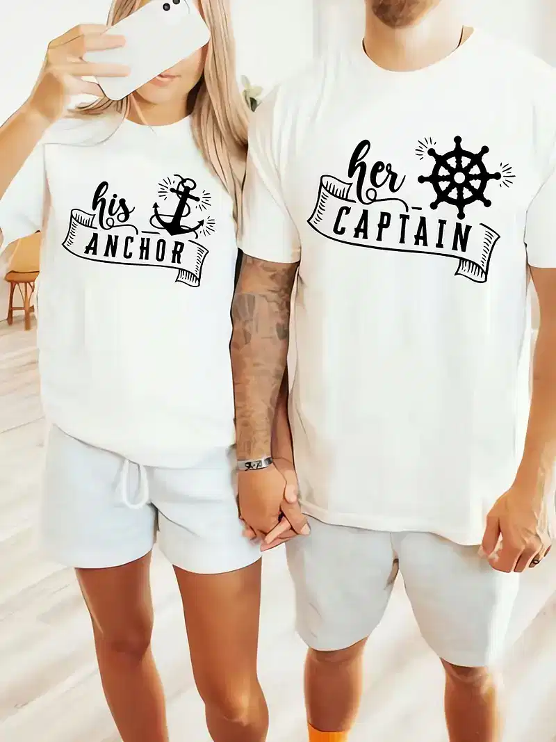 Couple Matching T-Shirt, Her Captain and His Anchor Print Design For Summer, Father's Day T-Shirt, The Best Family Matching Gift