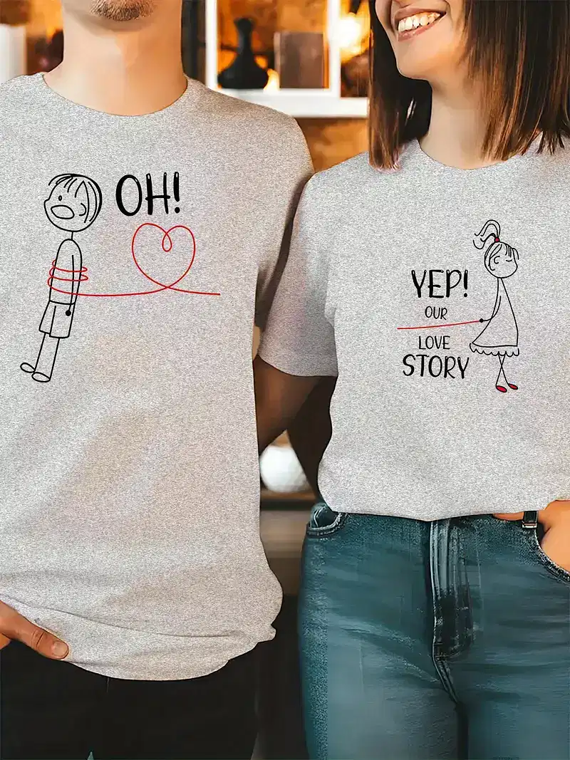 His & Hers Matching Couple T-Shirts - Casual Red Graphic Tees with Oh Oh & Yep! Love Story Print, Summer Outfit for Men and Women
