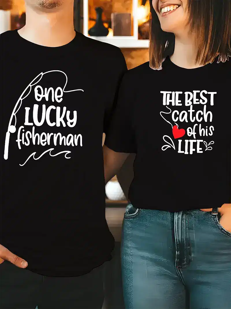 His & Hers Matching Fishing Graphic T-Shirts - One Lucky Fisherman & The Best Catch of His Life Design, Perfect for Couples Who Love Fishing Together