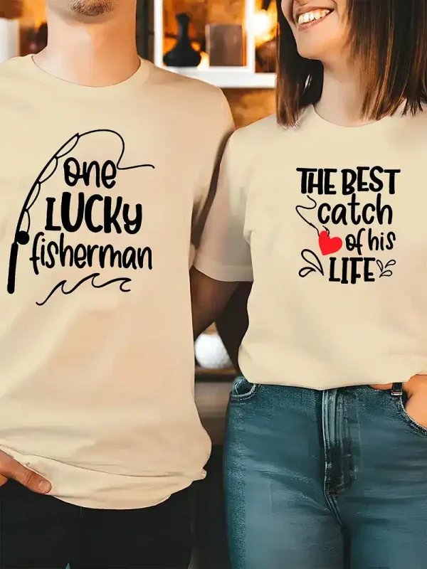 His & Hers Matching Fishing Graphic T-Shirts - One Lucky Fisherman & The Best Catch of His Life Design, Perfect for Couples Who Love Fishing Together - Image 3