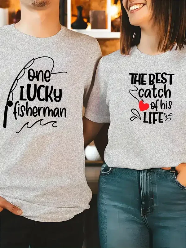 His & Hers Matching Fishing Graphic T-Shirts - One Lucky Fisherman & The Best Catch of His Life Design, Perfect for Couples Who Love Fishing Together - Image 4