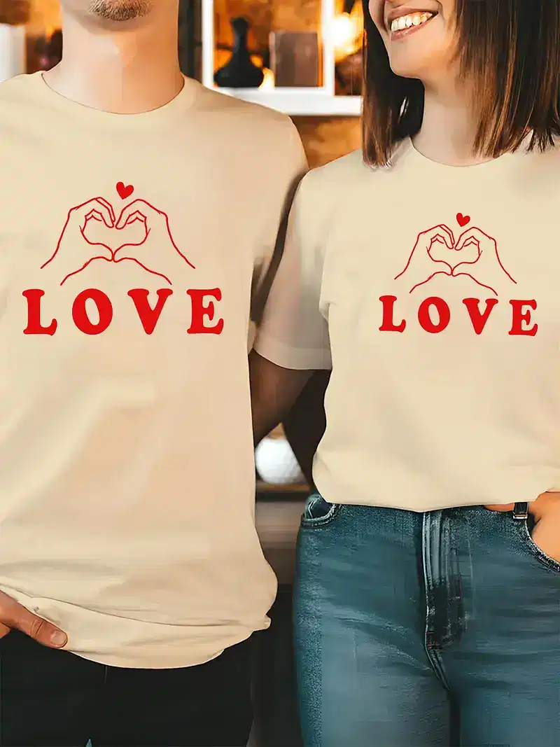 His & Hers Matching Love Heart Graphic T-Shirts - Soft Stretch Fabric, Casual Crew Neck Short Sleeve Tees for Couples, Summer Fashion Matching Outfits