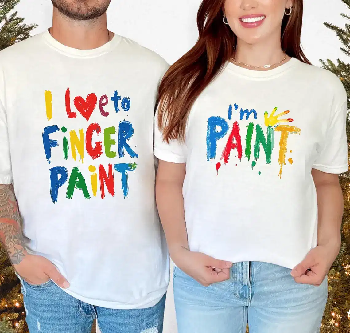 Couples Matching T-Shirt With I Love To Finger Paint and I'm Paint Print Design, The Best Family Matching Gift