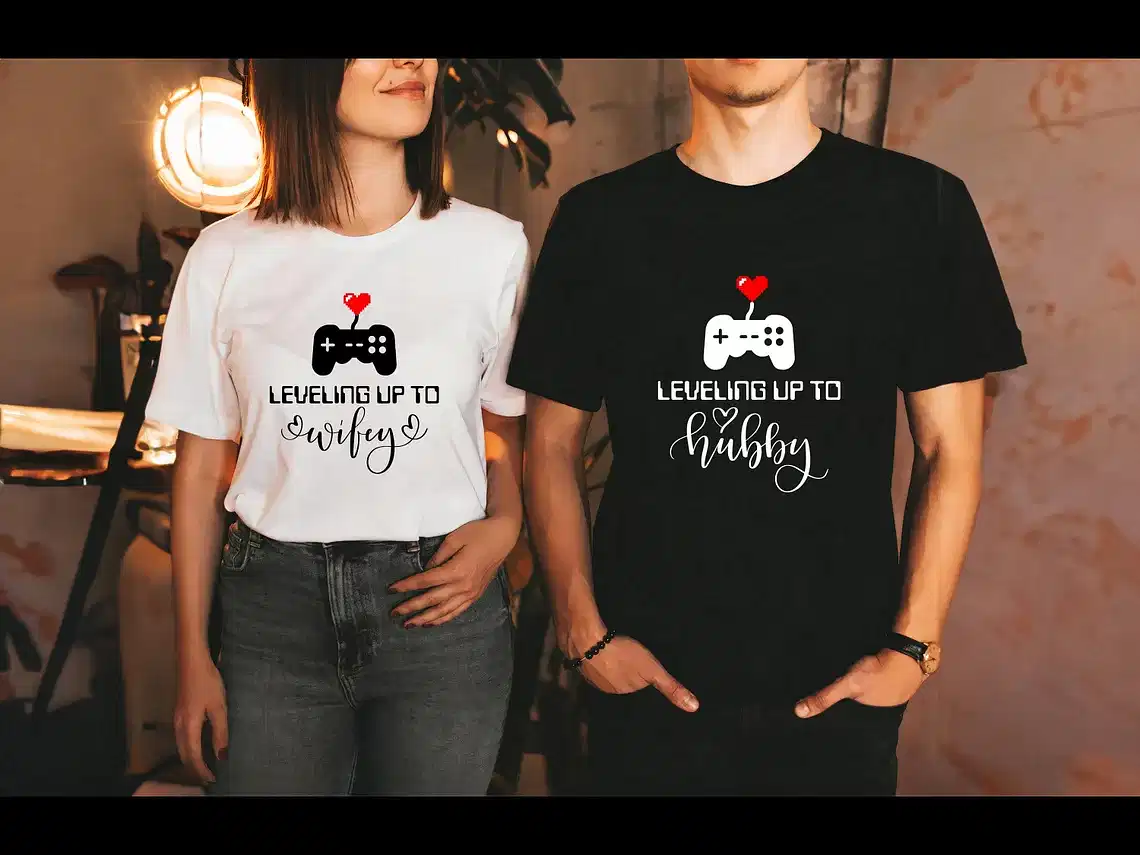 Couples Matching T-Shirt With Leveling Up To Wifey and Leveling Up To Hubby Print Design, The Best Family Matching Gift