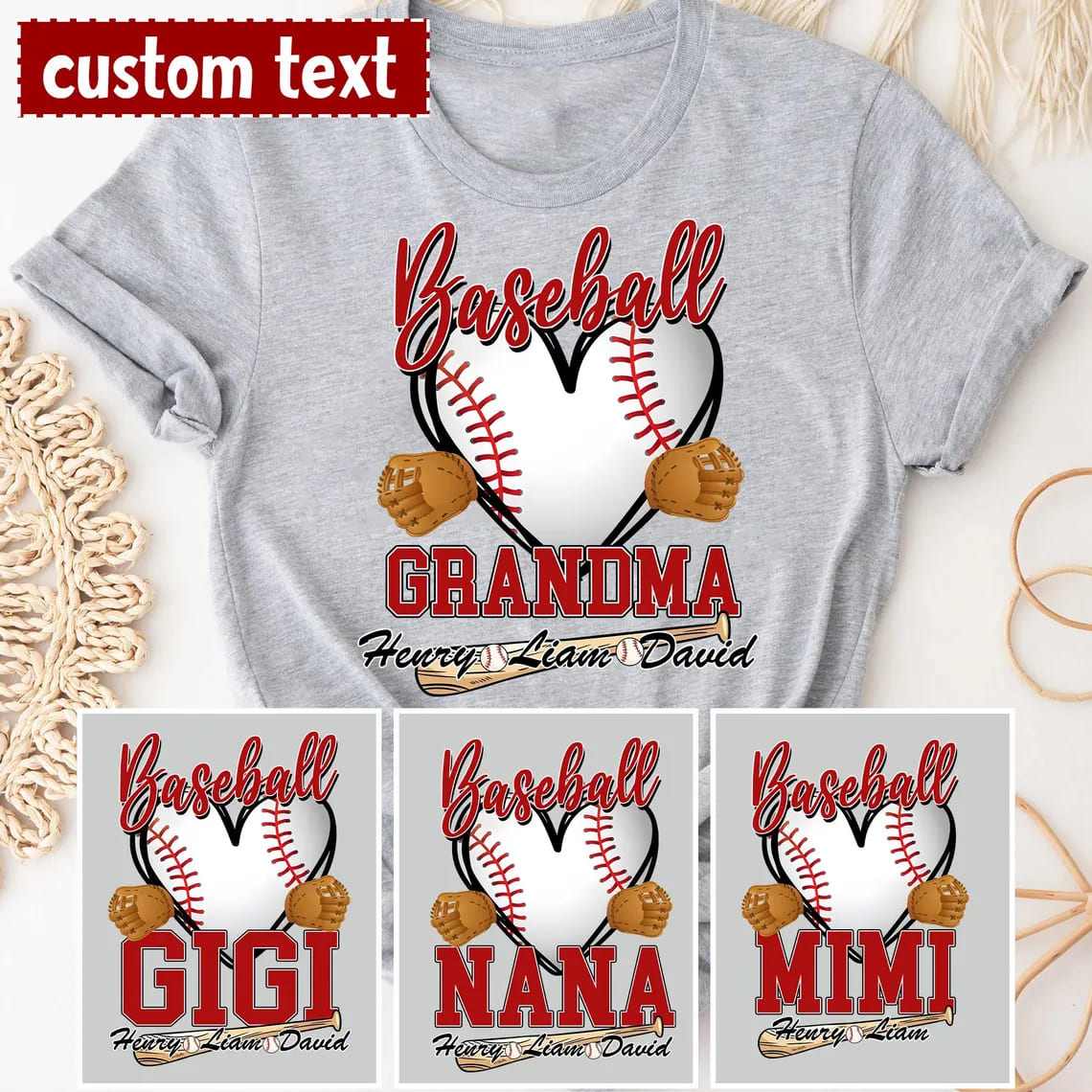 Personalized Baseball Grandma T-Shirt, Custom Baseball Mom with Kid's Name Shirt, Baseball Mimi Nana Tee -  The Best Mothers Day Gift