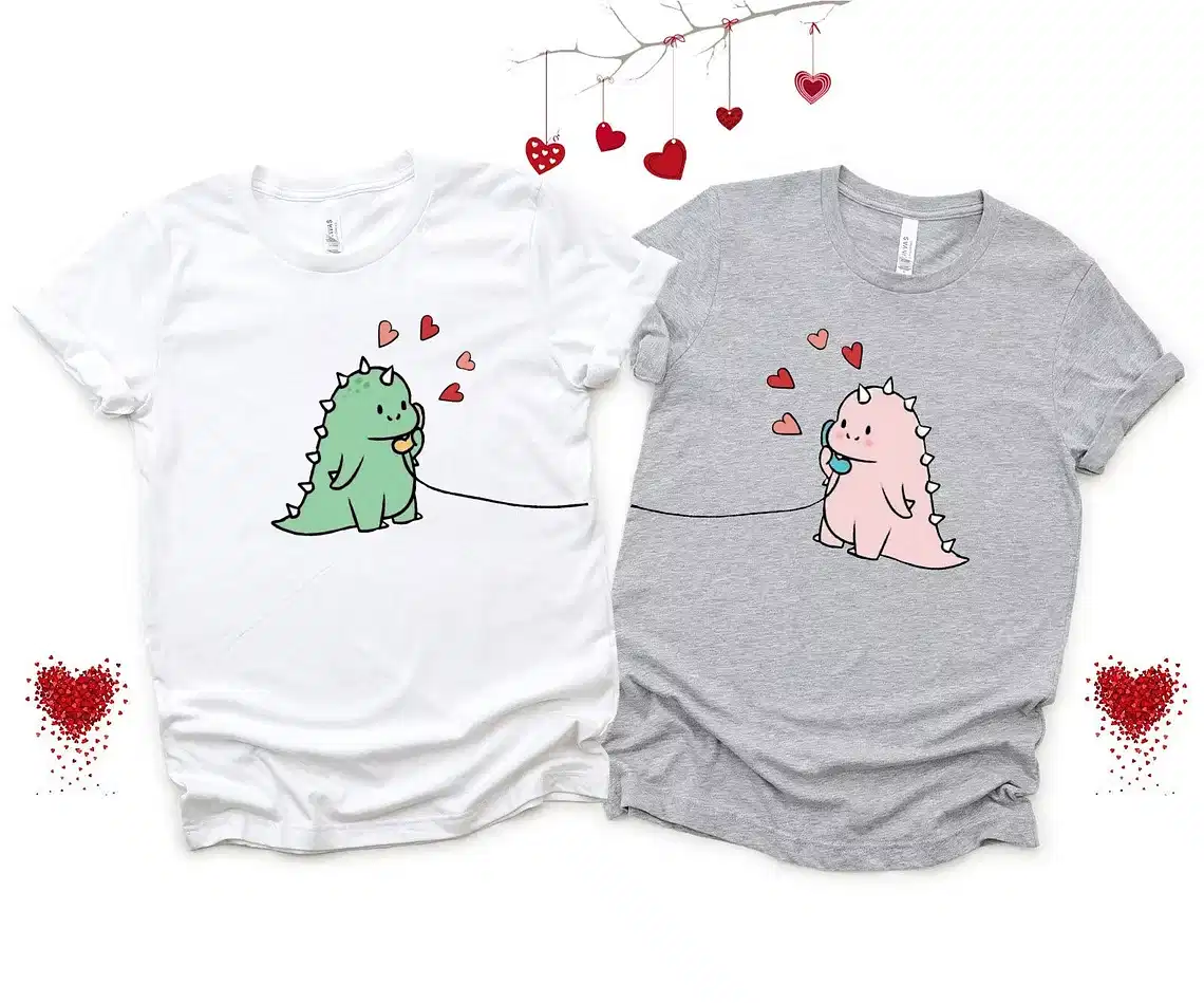 Couples Matching T-Shirt With Kawaii Dinosaur Print Design, The Best Family Matching Gift