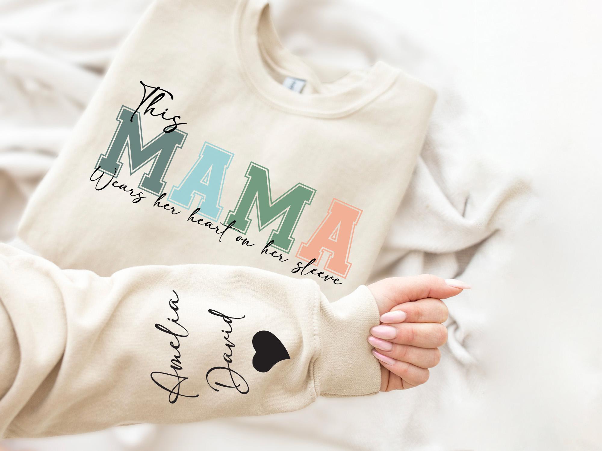 Personalized This Mama Wears Her Heart on Her Sleeve Sweatshirt, Custom Kids Name on Sleeve, Mothers Day Gift, Gift for Mom Sweatshirt, Mom Life