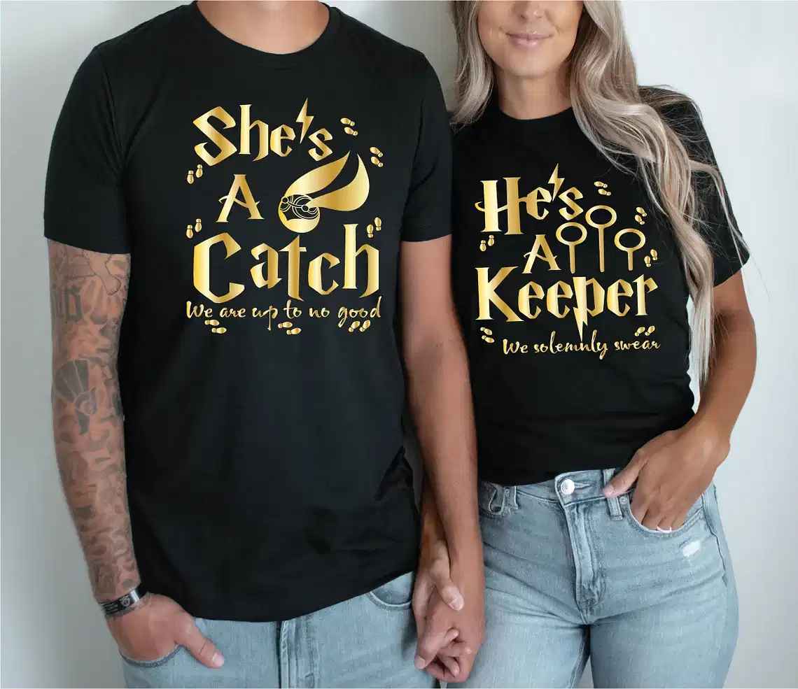 Couples Matching T-Shirt With She's A Catch and He's A Kepper Print Design, The Best Family Matching Gift