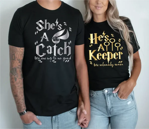 Couples Matching T-Shirt With She's A Catch and He's A Kepper Print Design, The Best Family Matching Gift - Image 2