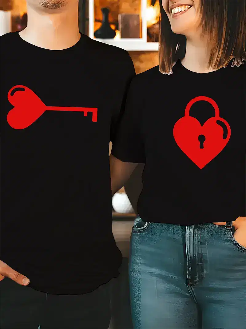 Couple Matching T-Shirt With Romantic Heart Key and Keychain Print Design, The Best Family Matching Gift