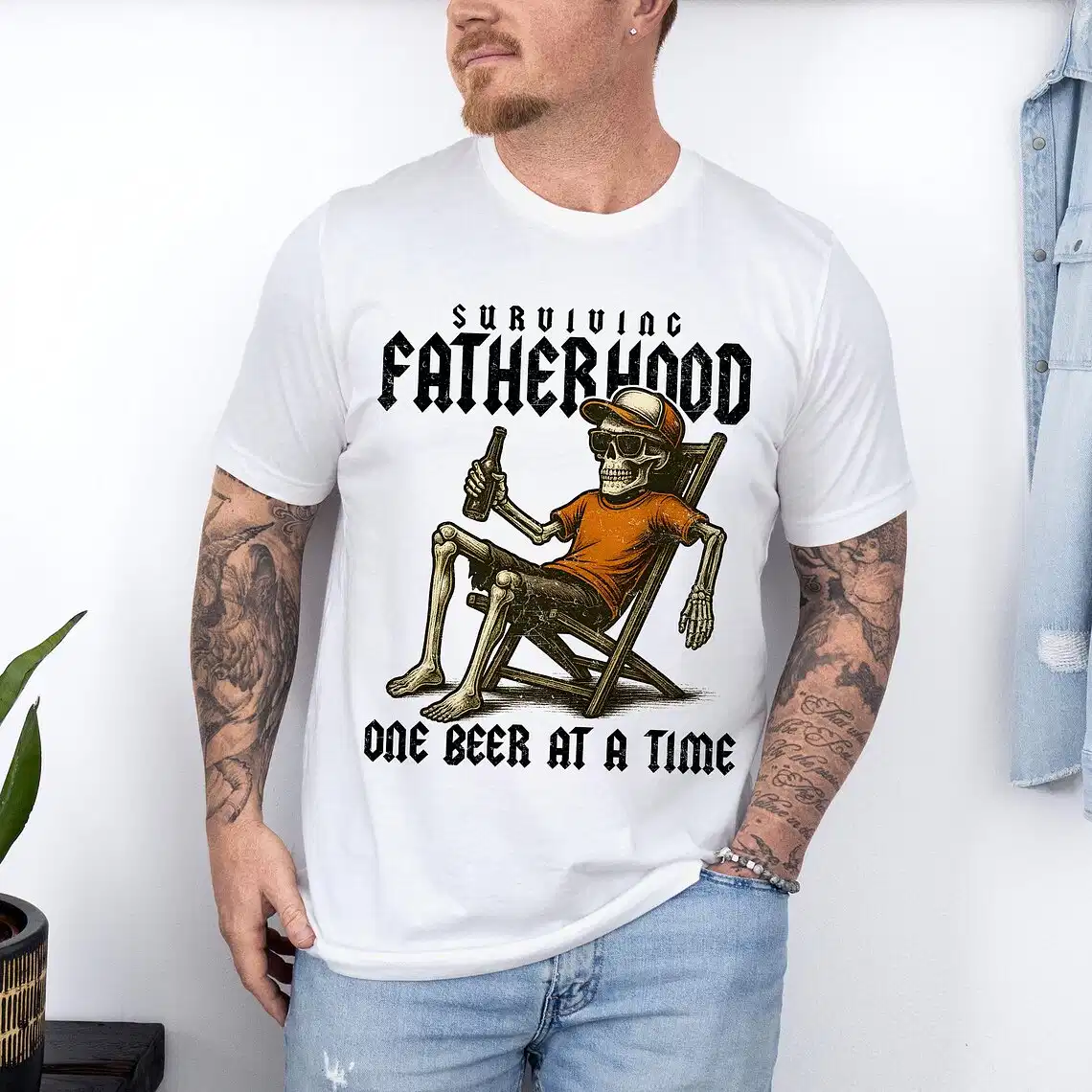 Surviving Fatherhood One Beer At A Time T-Shirt, Funny Dad, Skeleton Dad Shirt, Drinking Husband, Fatherhood Shirt, Father's Day Gift