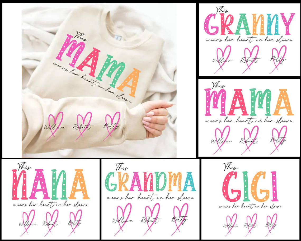 This Mama/Grandma/Nana Wears Her Heart On Her Sleeve, Custom Mama with Name Kids Tee -  The Best Mothers Day Gift