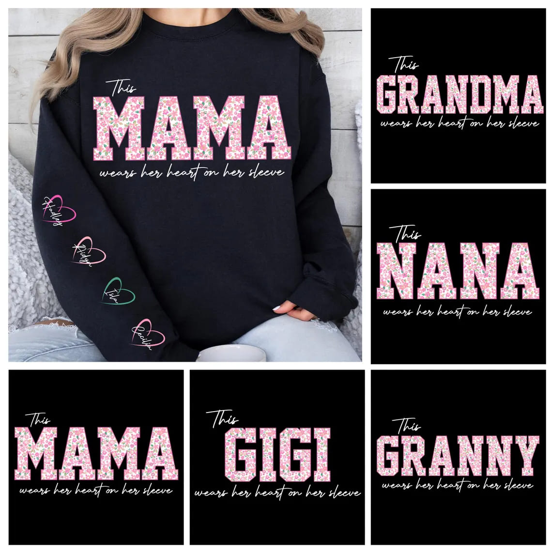 This Mama/Grandma/Nana/Gigi Wears Her Heart On Her Sleeve, Custom Mama with Name Kids Tee -  The Best Mothers Day Gift