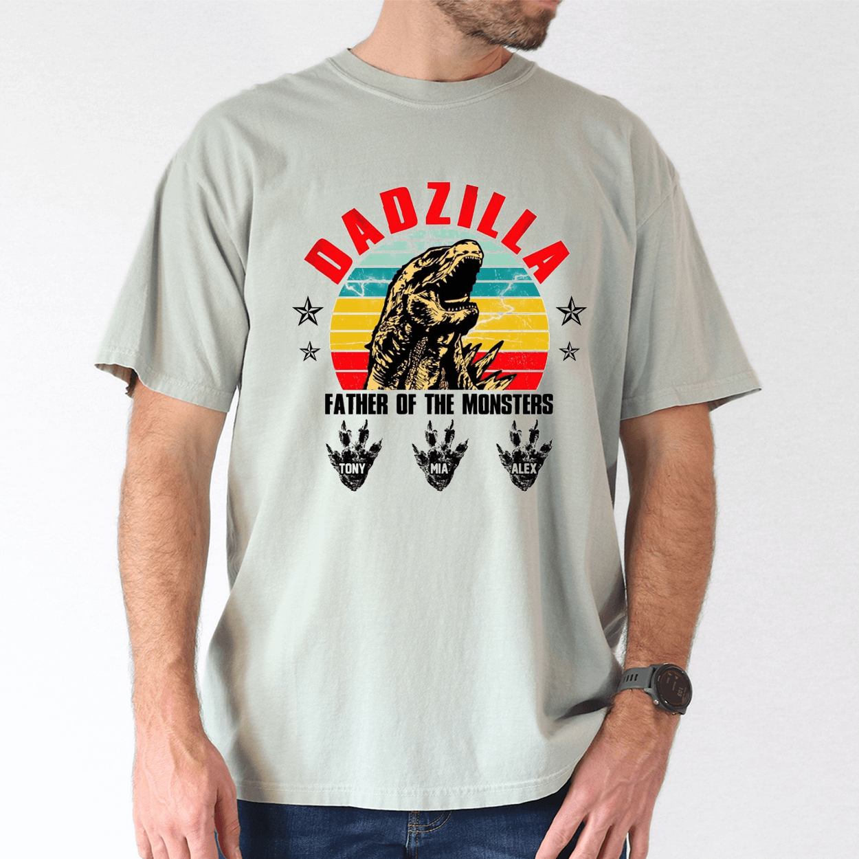 Personalized Dadzilla Tee, Retro Monster Dad with Kids' Names - The Best Father's Day Gift