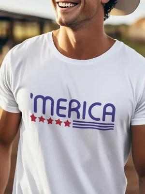 ‘MERICA’ Graphic Tee – 100% Cotton Breathable Crew Neck Short Sleeve – Patriotic Casual T-Shirt for Summer