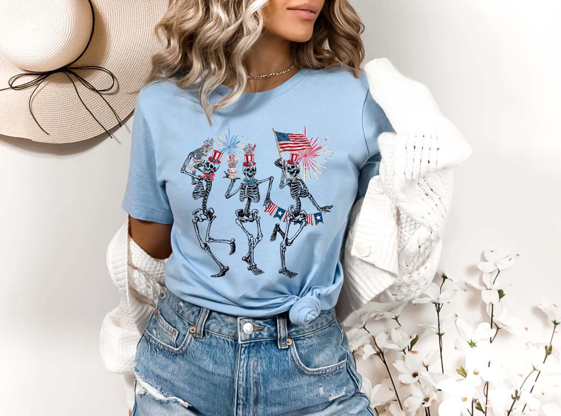 4th of July Dancing Skeleton Shirt – Skellies in Stars & Stripes – Patriotic Red, White & Blue Tee