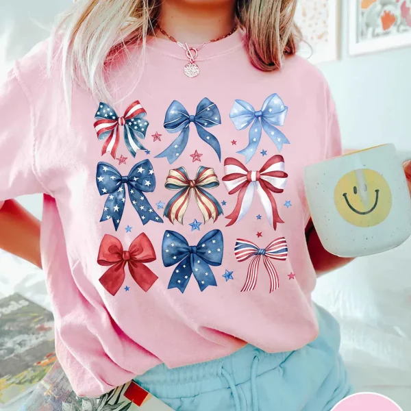 USA Bow T-Shirt – Coquette Patriotic Bow Tee, 4th of July & Memorial Day Shirt, Cute USA Election Day Graphic T-Shirt - Image 3