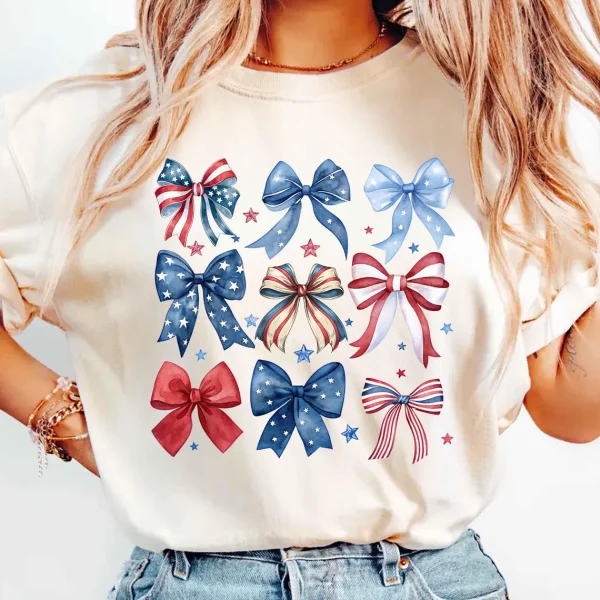 USA Bow T-Shirt – Coquette Patriotic Bow Tee, 4th of July & Memorial Day Shirt, Cute USA Election Day Graphic T-Shirt - Image 2