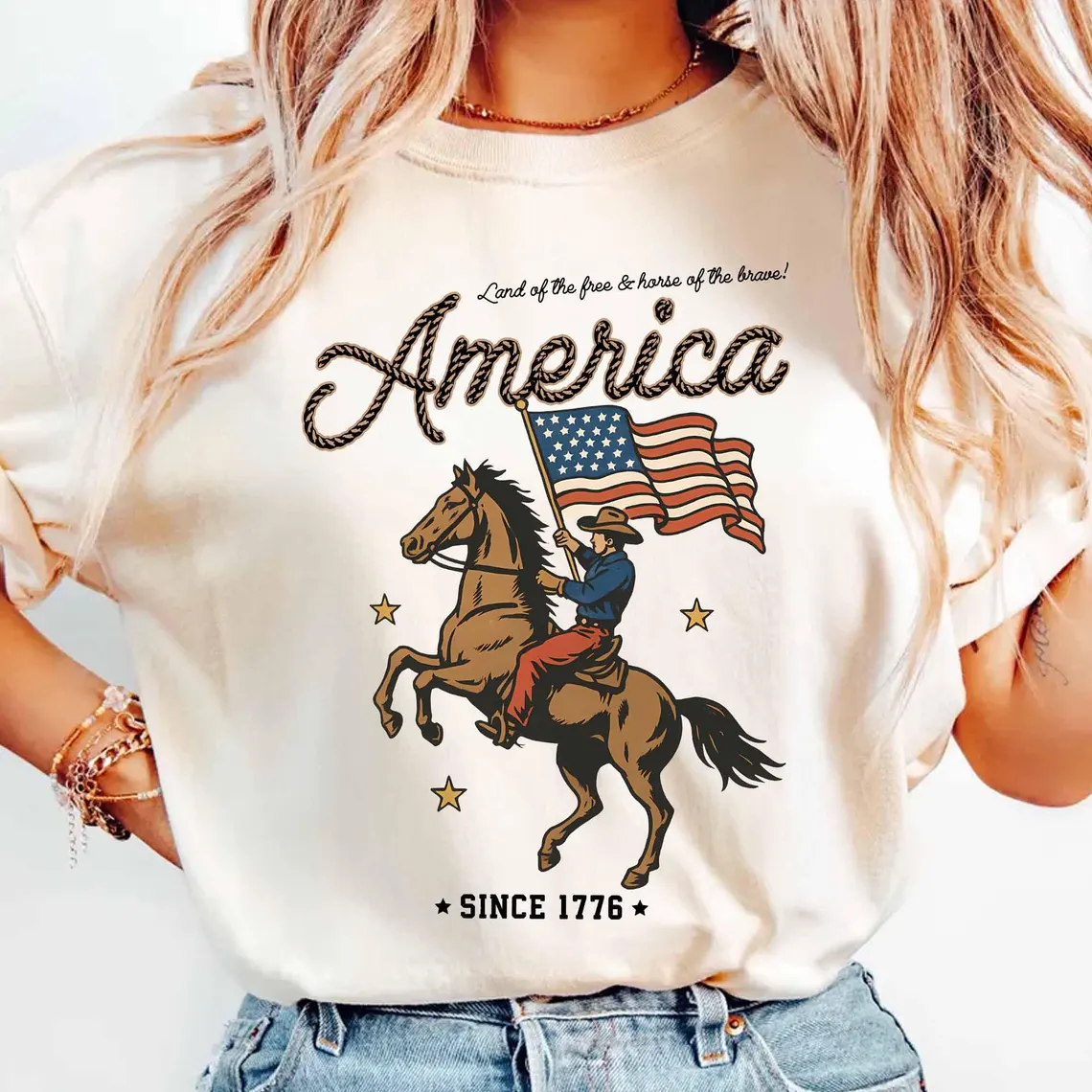Western America T-Shirt, Cowboy Waving American Flag, Retro Graphic Tee, Land of the Free, Patriotic Vintage 4th of July Shirt
