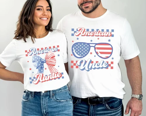 4th of July Auntie and Uncle Matching Shirts Custom Fourth of July Couple TShirt,4th of July Pregnancy Announcement Gift, American Family Tee