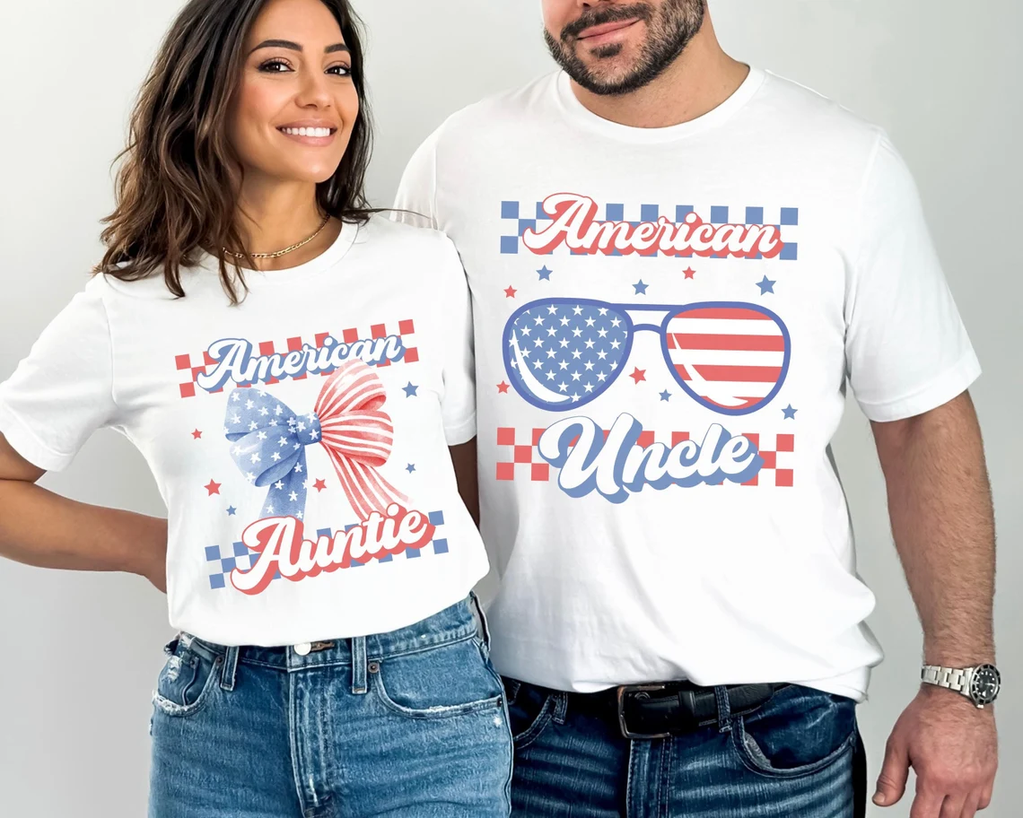 4th of July Auntie and Uncle Matching Shirts Custom Fourth of July Couple TShirt,4th of July Pregnancy Announcement Gift, American Family Tee