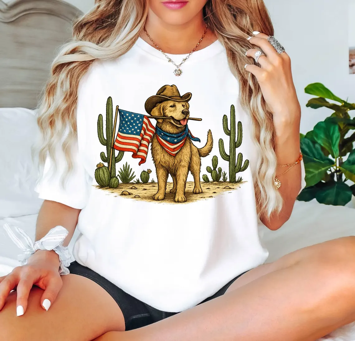 American Pride Pooch T-Shirt – 4th of July Cowboy Dog Tee with USA Flag, Fun Patriotic Pet-Inspired Design