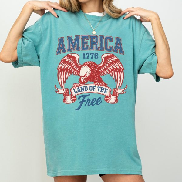 America 1776 T-Shirt – Land of the Free USA Tee – Patriotic Eagle T-Shirt – Red White Blue 4th of July Independence Day Top - Image 2