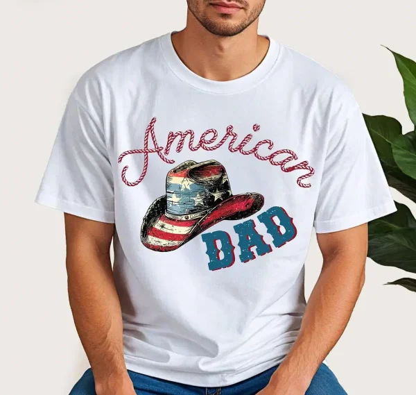 American Dad Shirt ? Patriotic Cowboy Hat USA Flag T-Shirt - Image 2