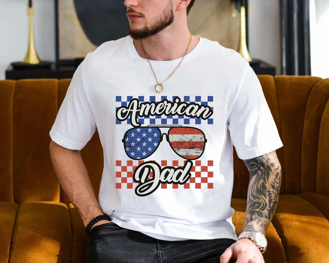 American Dad Tee, Father's Day Gift, 4th Of July Matching Shirt, American T-Shirt, Men 4th of July Shirt, Checkered Dad