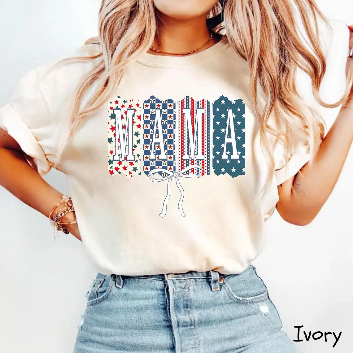 American Mama USA T-Shirt, Mama 4th of July Tee, Fourth of July Shirt, Patriotic, Cute Bow Shirt, Red White and Blue