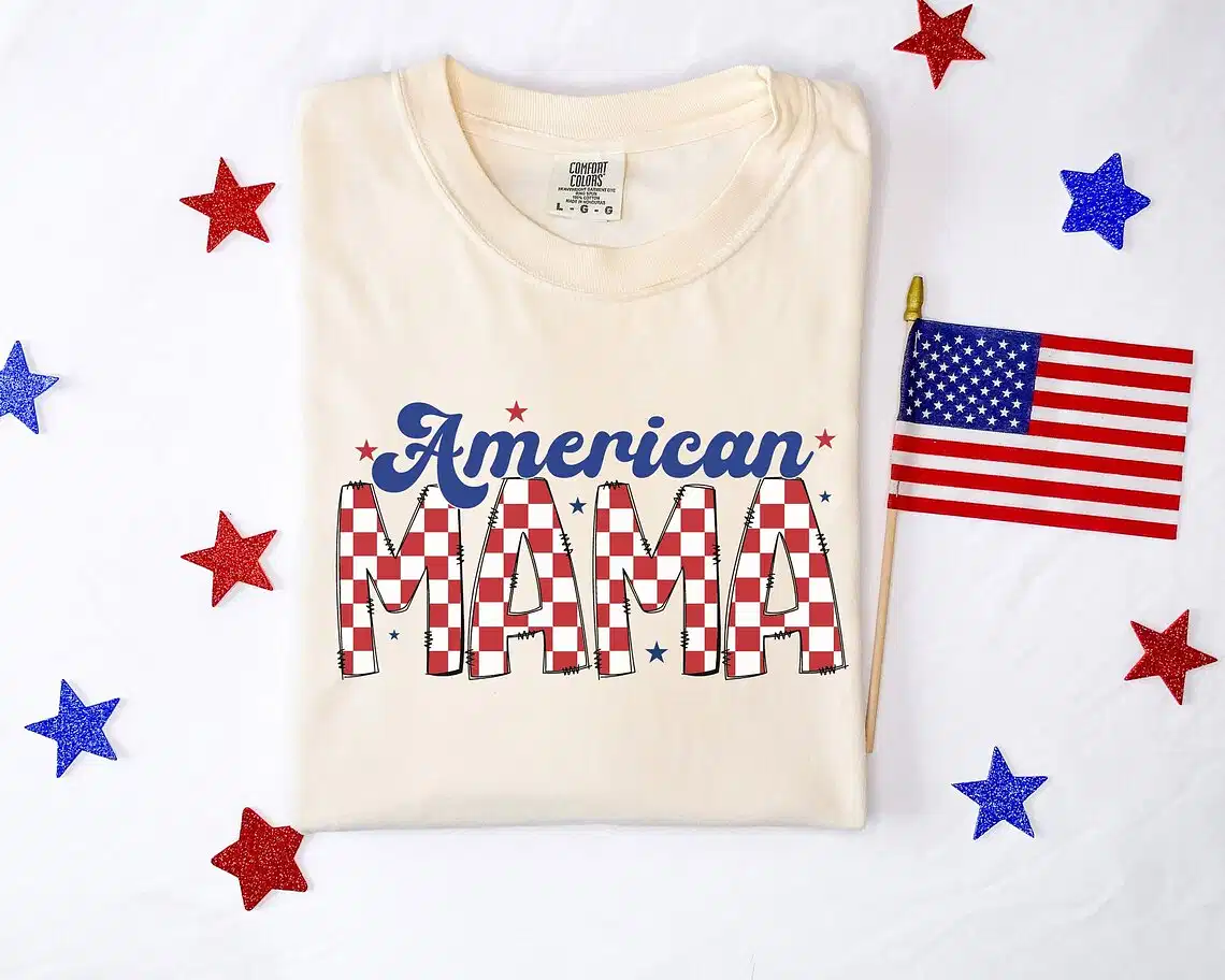 American Mama T-Shirt, Retro 4th of July Mama Shirt, Patriotic Mama, Mama fourth of July Shirt, Checkered American Mama