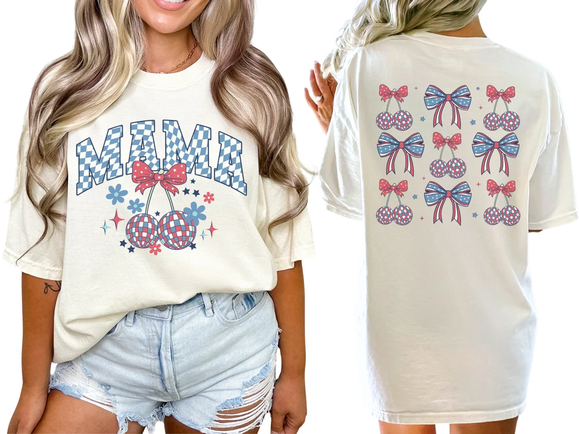 American Mama Tee, 4th of July Mom, Coquette Mama T-Shirt, Patriotic USA Mama T Shirt, Independence Day Tee, Bows Top, Gift for Mom