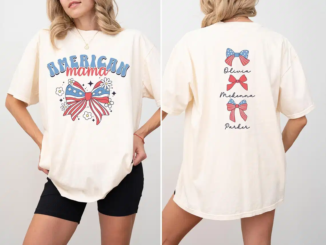 American Mama T-Shirt 4th of July, Coquette Mom T-Shirt, Personalized Mama Tee, USA Coquette Bow, Patriotic Mama Shirt Gift for Mom