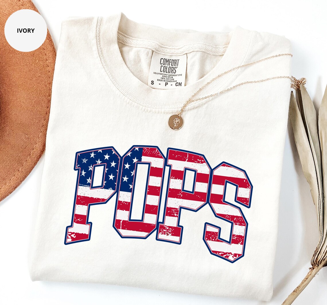 American Pops T-Shirt, Patriotic Grandpa Tee, Father's Day for Papa, Matching Family 4th July Gift Fireworks Celebration USA Flag Grandfather Club