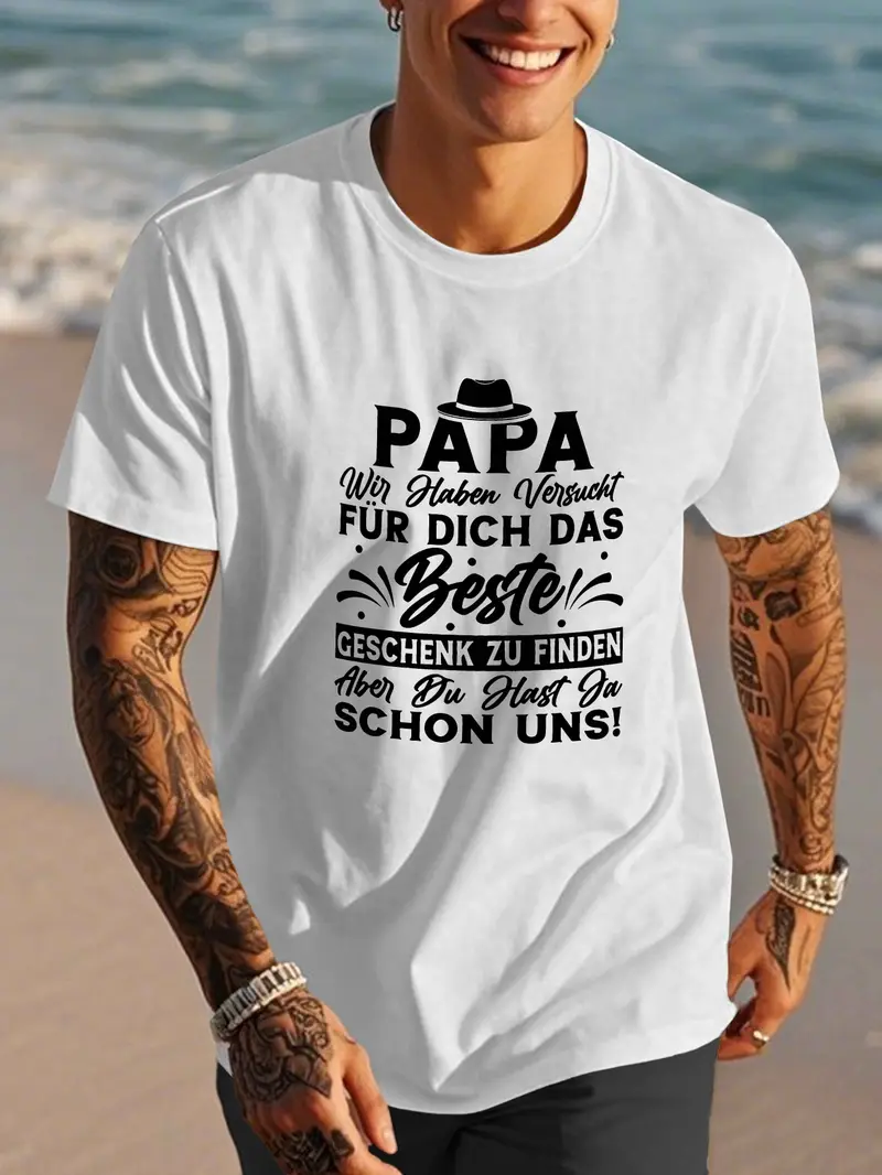 Best Papa Ever German Quote Men's T-Shirt - Casual Polyester Short Sleeve Crew Neck, Summer Top with Hat & Mustache Illustration, Machine Washable