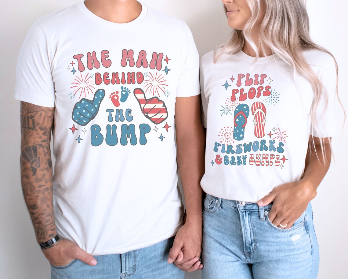 Couples 4th of July Pregnancy Shirt, Fireworks and Baby Bumps Shirt, Couples July 4th Pregnancy Reveal, Patriotic Baby Announcement Shirt