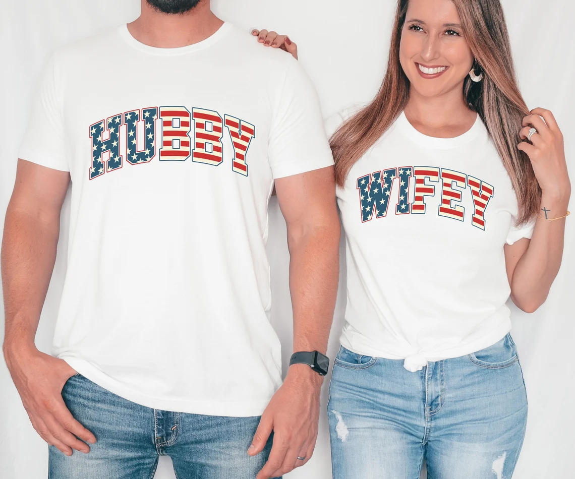Couples 4th of July Shirts, Funny Fourth of July Couple Matching T-Shirts, Hubby Wifey Matching His and Her Mr and Mrs American Flag Outfit