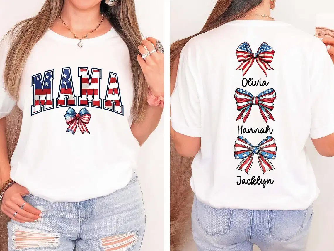 Custom American Mama Shirt with Names, Personalized 4th of July Mom Shirt, Coquette Mama T-Shirt, Patriotic USA Mama T Shirt, Gift for Mom