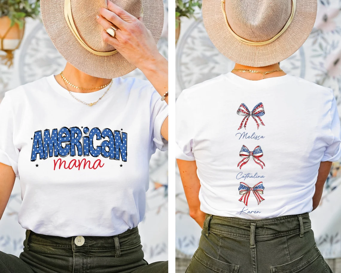 Custom American Mama Shirt with Names, Personalized 4th of July Mom Shirt, Coquette Mama Tee, Patriotic USA Mama T Shirt, Gift for Mom Tee