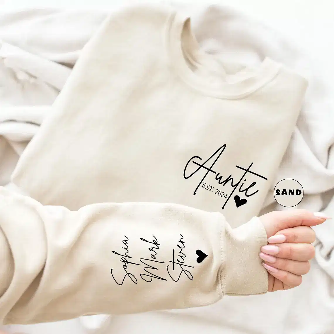 Custom Auntie Sweatshirt, Personalized Aunt Sweatshirt With Nieces Nephews Names On Sleeve, Pregnancy Reveal Outfit, Mothers Day Clothing Gifts